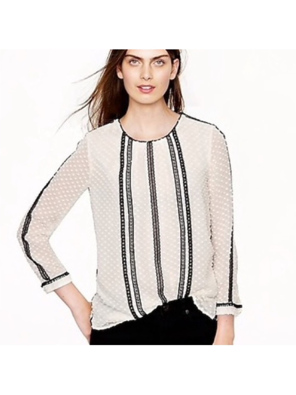 J Crew Chiffon Dot Blouse Lace Cream & Black Vertical Stripes panels  6